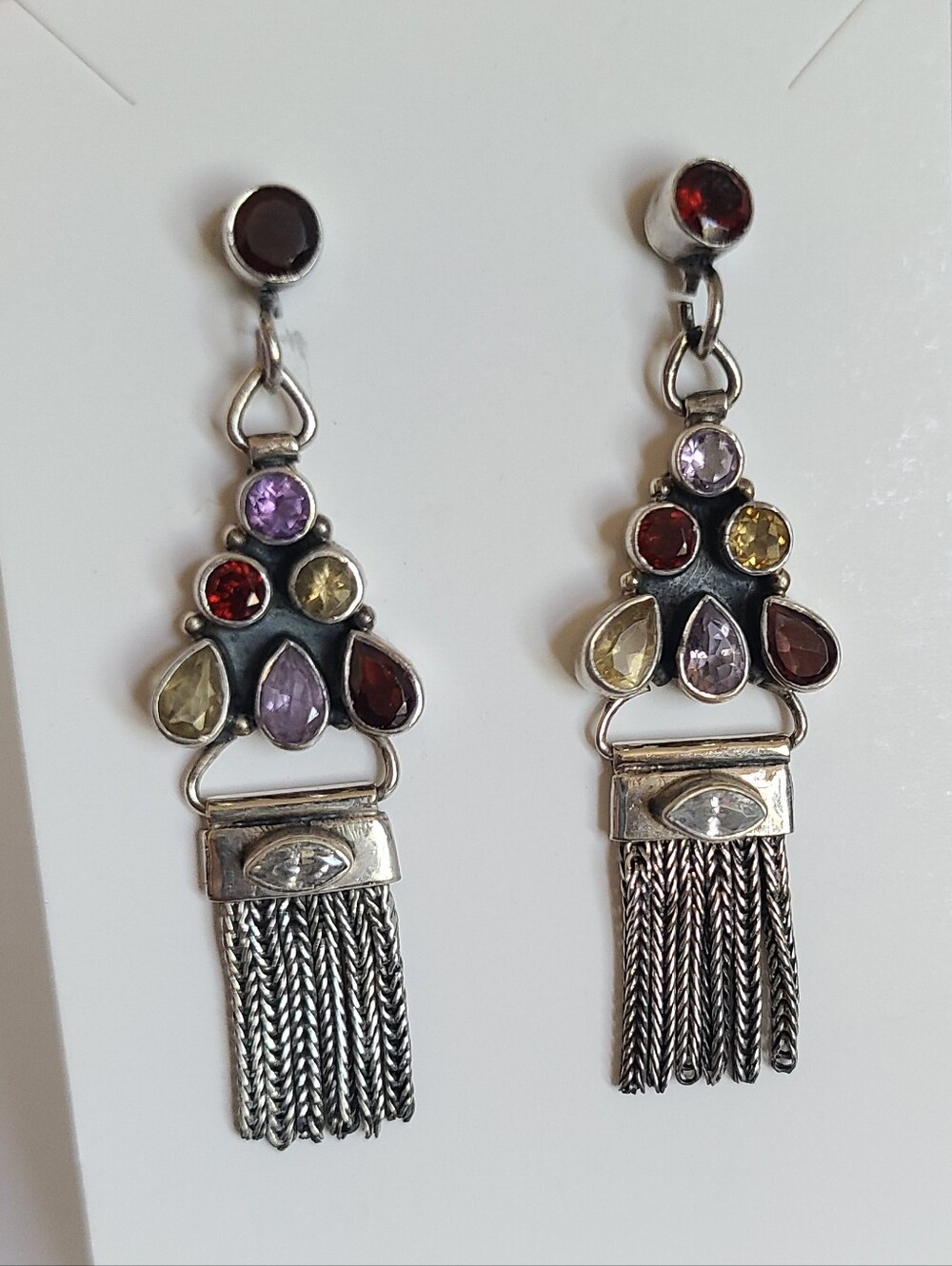 Vintage Sterling Silver Boho Colorful Multi Gemstone Long Drop Tassel Earrings